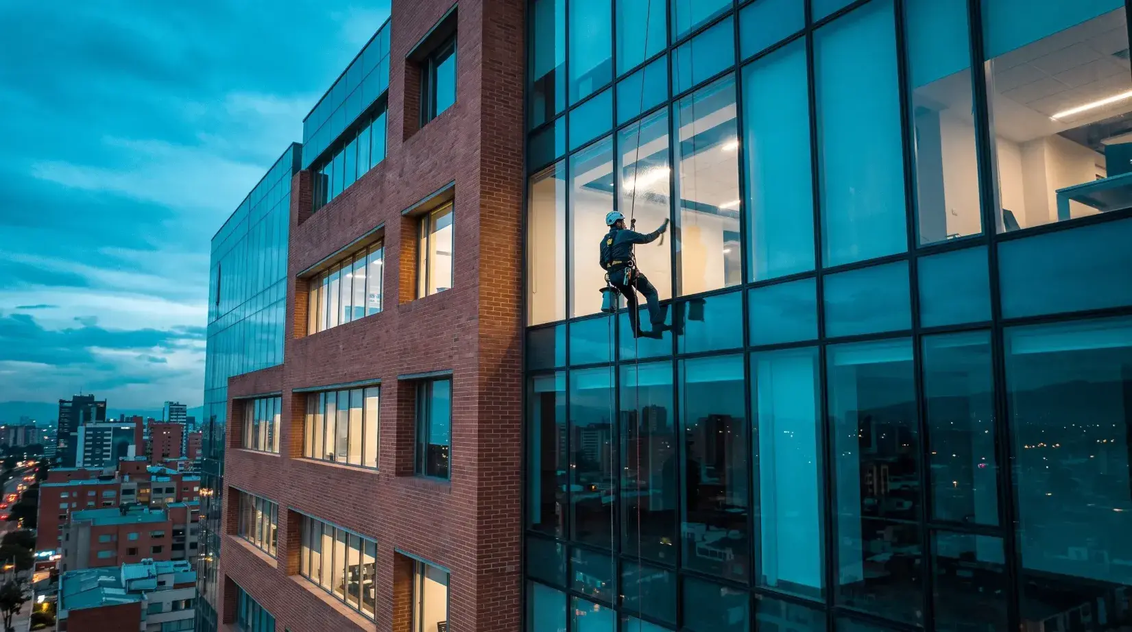 Técnico certificado de AP CLEAN realizando limpieza profesional de fachada en edificio de Bogotá